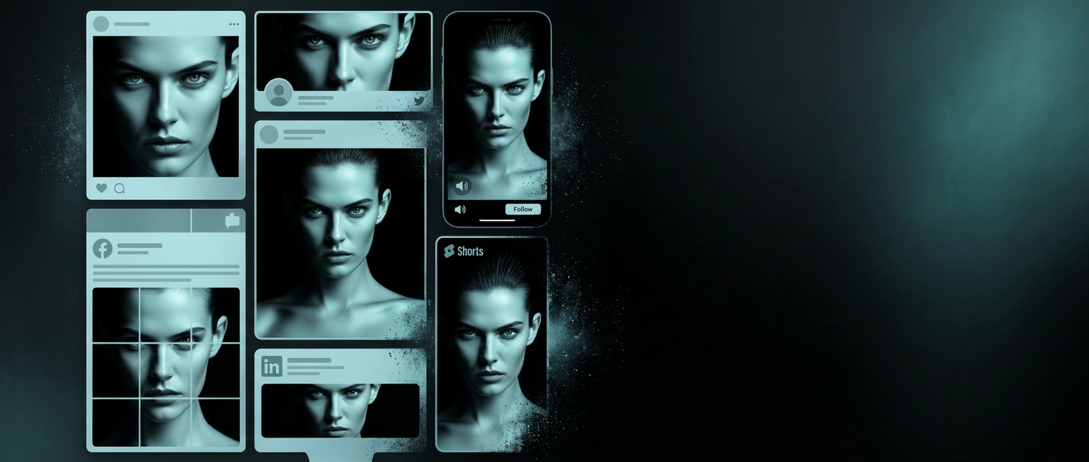 Social media post frames across Facebook, Instagram, TikTok, YouTube, and X