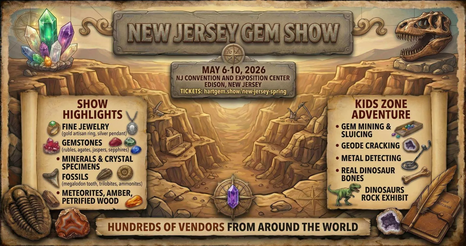 New Jersey Gem Show streaming TV ad keyframe — canyon scene with dinosaur, crystals, fossils