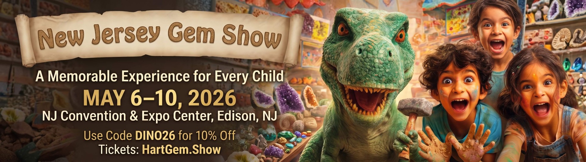 New Jersey Gem Show billboard — kids and T-Rex edition