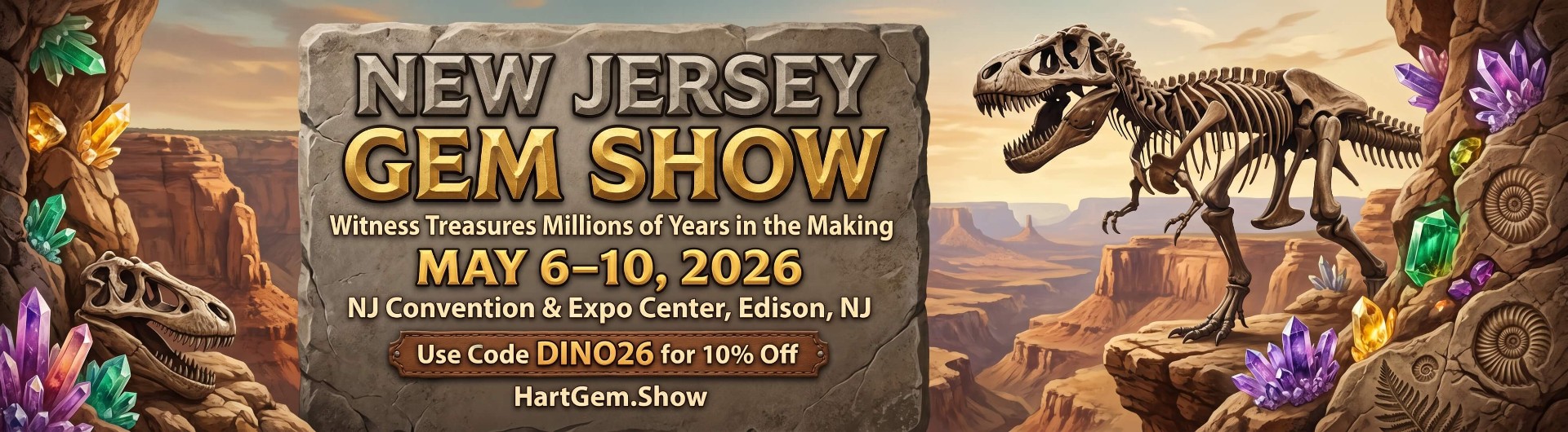 New Jersey Gem Show billboard — prehistoric edition with dinosaur skeleton and amethyst