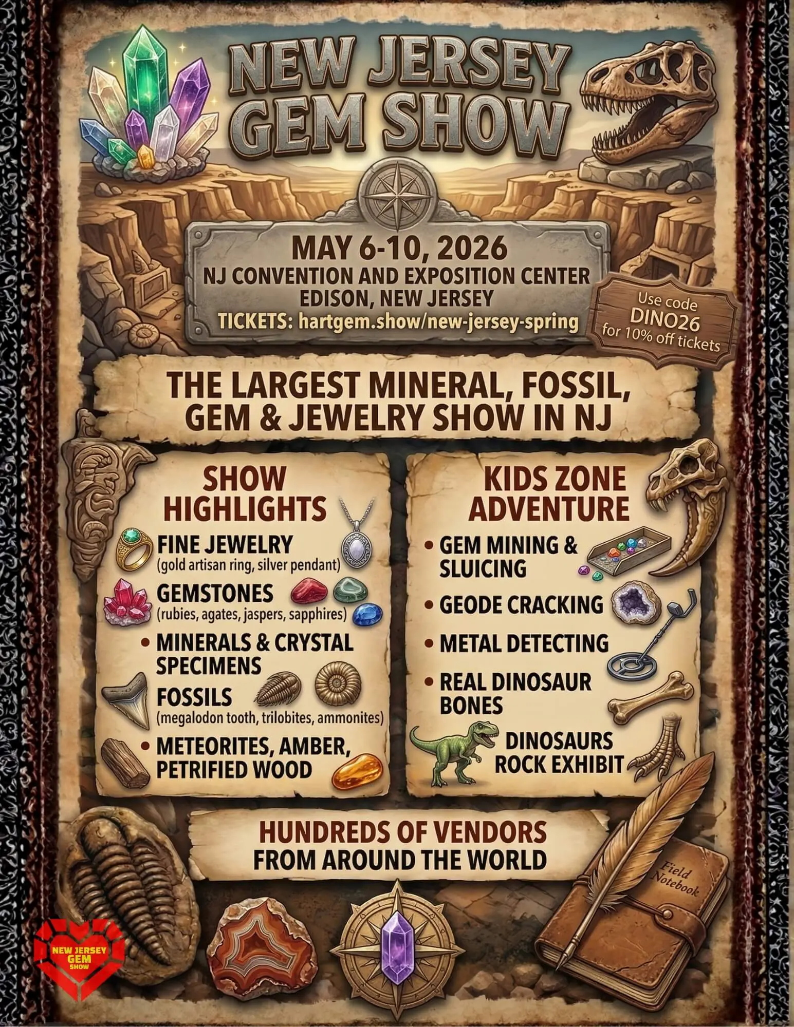 New Jersey Gem Show poster — prehistoric parchment with show highlights and kids zone