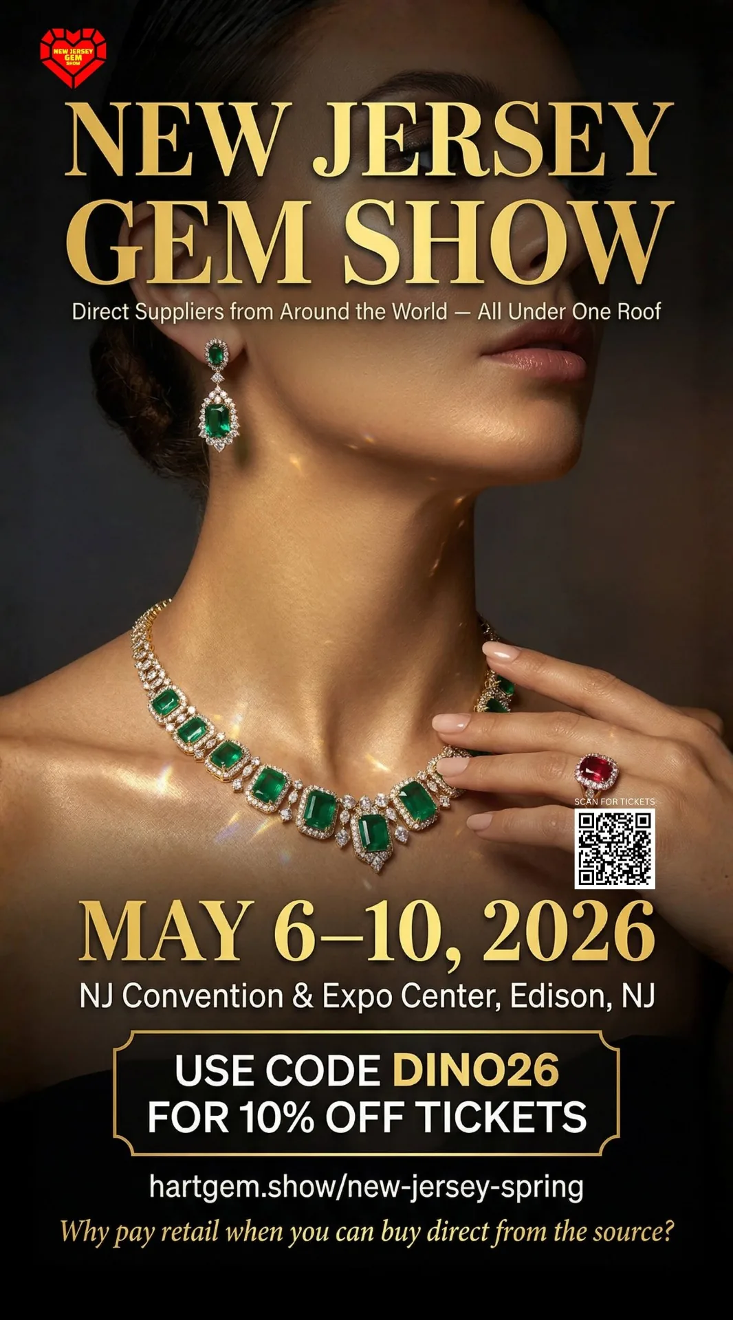 New Jersey Gem Show poster — emerald necklace, why pay retail